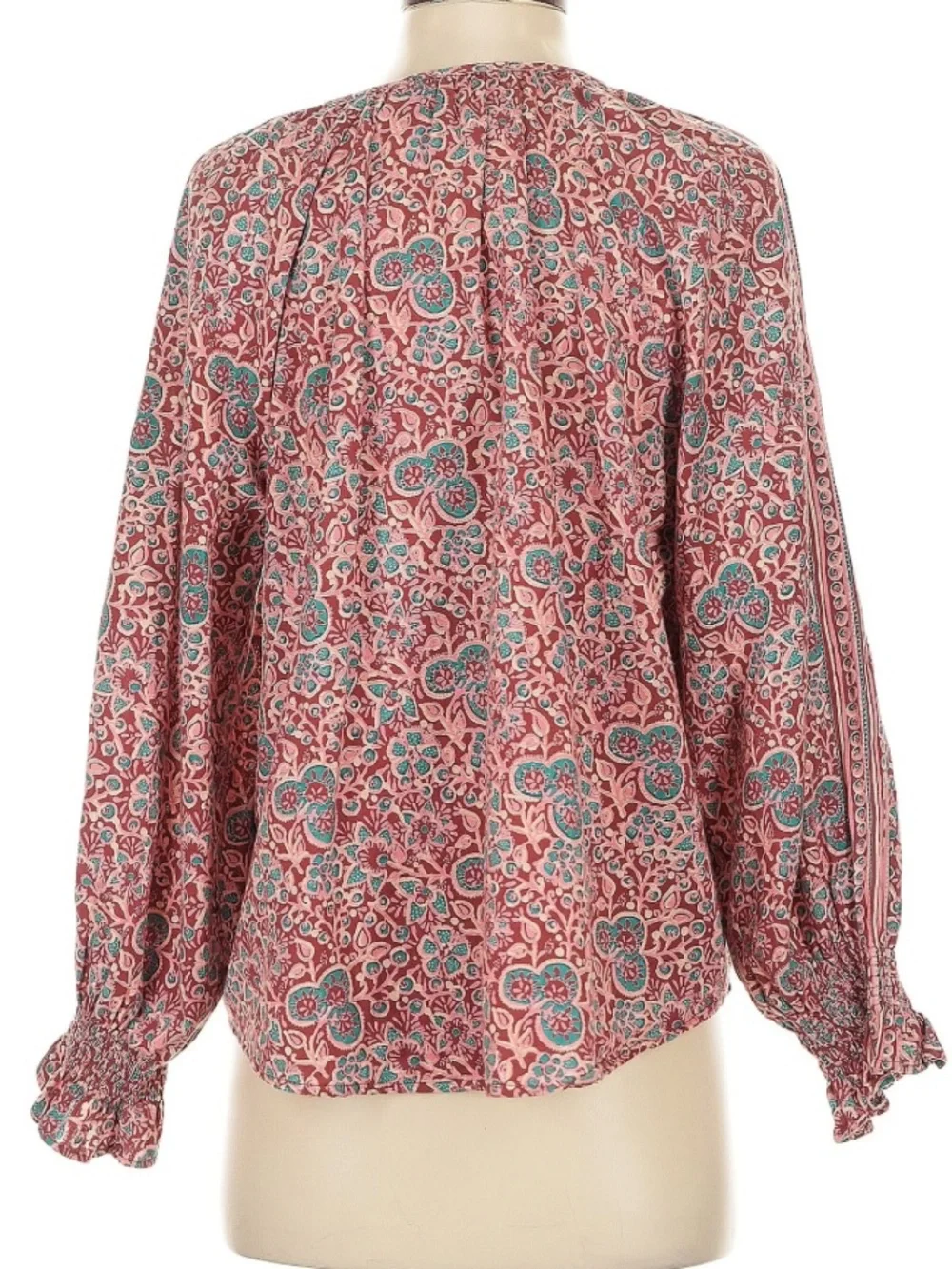 Omika Cotton Linen Long Sleeve Red Block Print Blouse Top Size XS